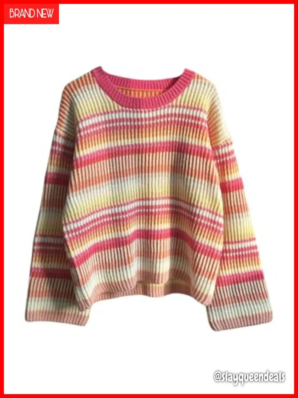 Striped Color Block Pullover Sweater Drop Shoulder Rib Knit Tunic Long Sleeve